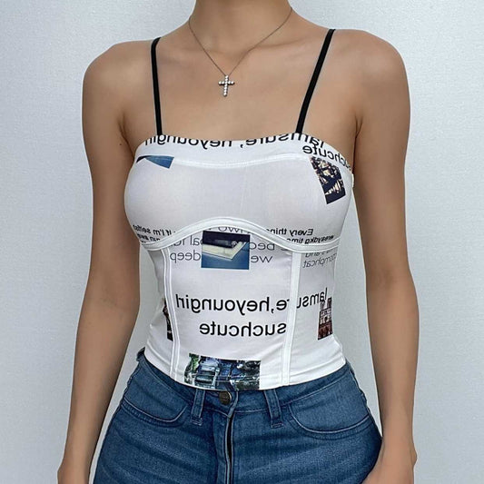 Top corto con corsetto e schiena scoperta con stampa di lettere a contrasto 