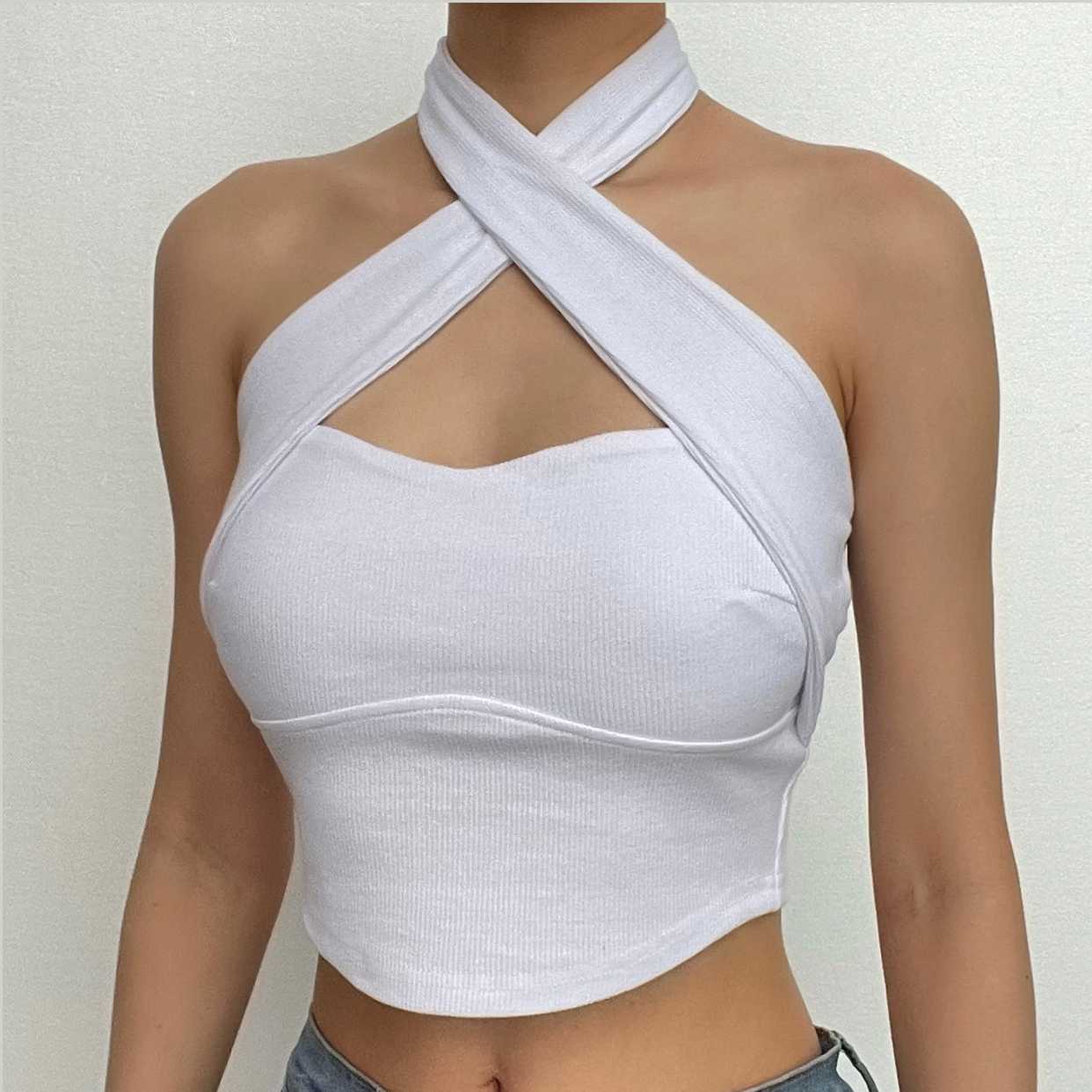 Ribbed solid cross front halter backless crop top - Final Sale