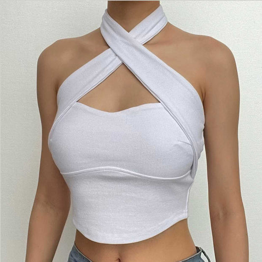 Top corto a coste con incrocio frontale, senza schienale e con scollo all'americana - Saldi finali 