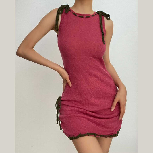 Knitted contrast sleeveless stitch drawstring backless mini dress