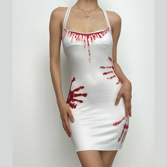 Rückenfreies Neckholder-Minikleid mit Schlitz und kontrastierendem Palmenmuster 