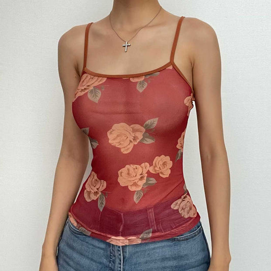 Camisole-Oberteil aus Netzstoff mit eckigem Ausschnitt und Blumenmuster in Kontrastfarbe