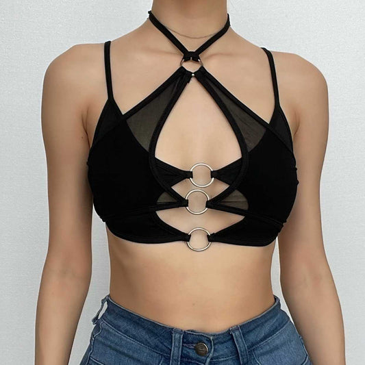 Top corto in rete con scollo a V, senza schienale, in patchwork e con scollo a V