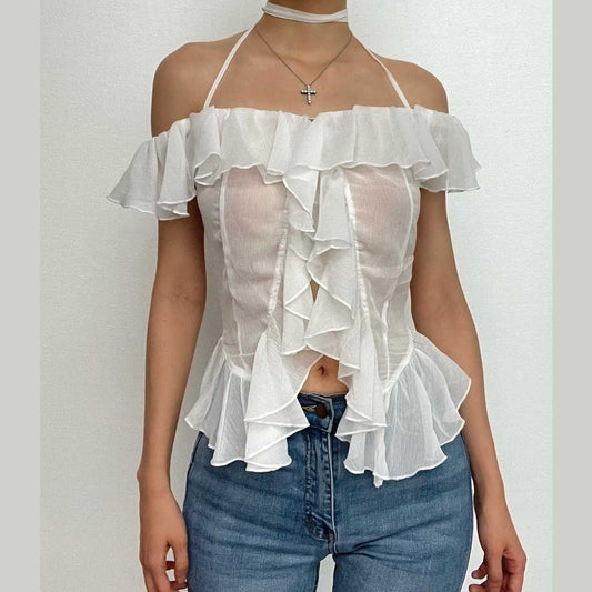 Schulterfreies Neckholder-Top mit Rüschen und durchsichtigem Schlitz