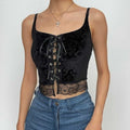 Lace up backless velvet lace hem square neck cami crop top