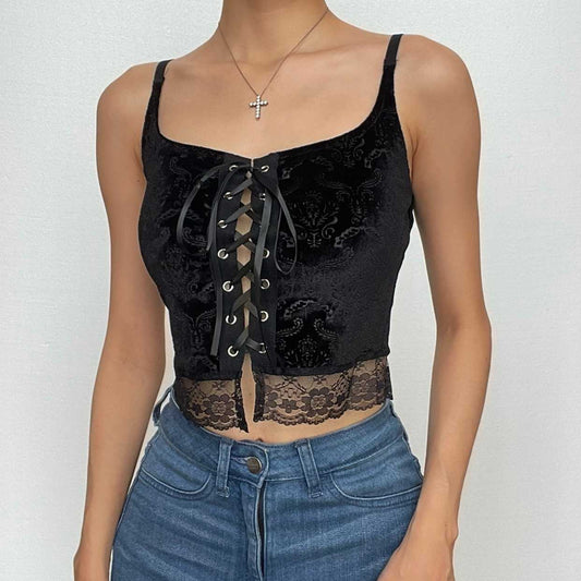 Lace up backless velvet lace hem square neck cami crop top