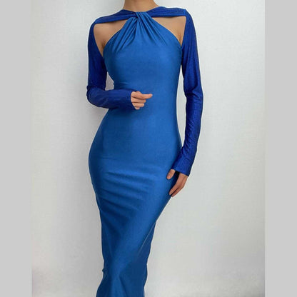 Long sleeve beaded zip-up hollow out patchwork maxi dress