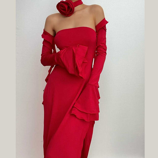 Maxikleid mit Blumenapplikation, Schlitz, ausgestellten Ärmeln und Schleife