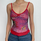 Letter print u neck ruffle mesh patchwork cami top
