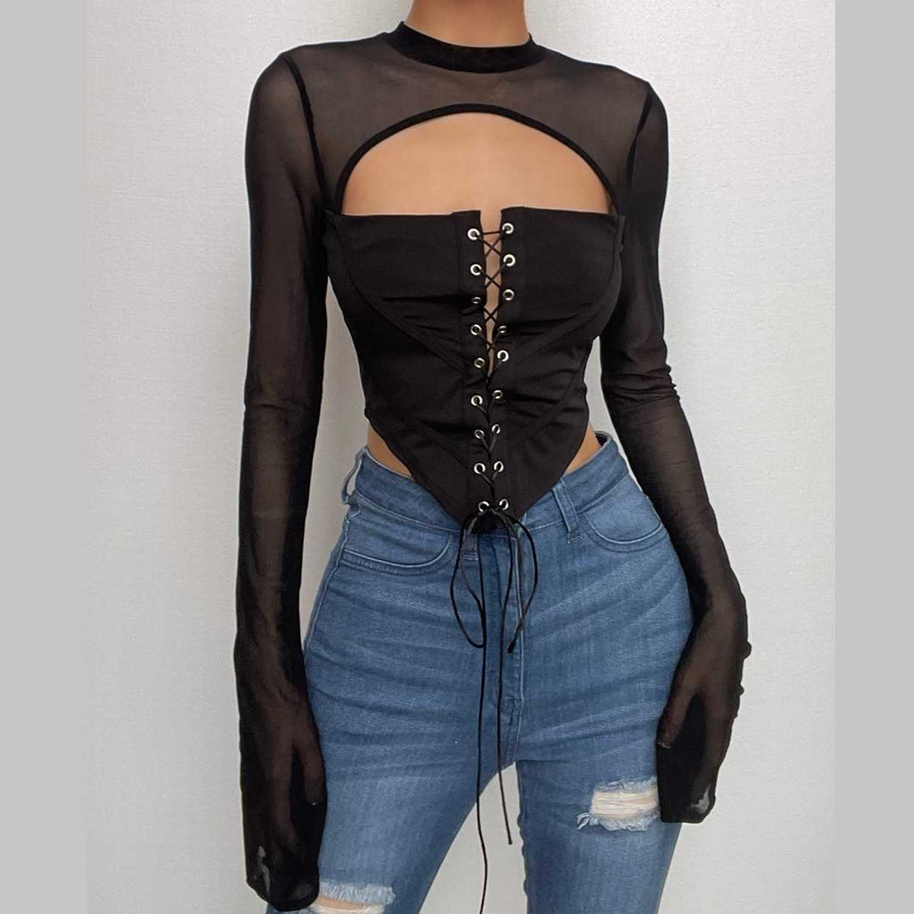 Top con corsetto, maniche svasate, scollo rotondo, schiena scoperta e lacci 