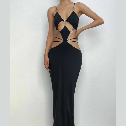 Rückenfreies, tief ausgeschnittenes Maxikleid mit überkreuzter Vorderseite und ausgehöhltem O-Ring 