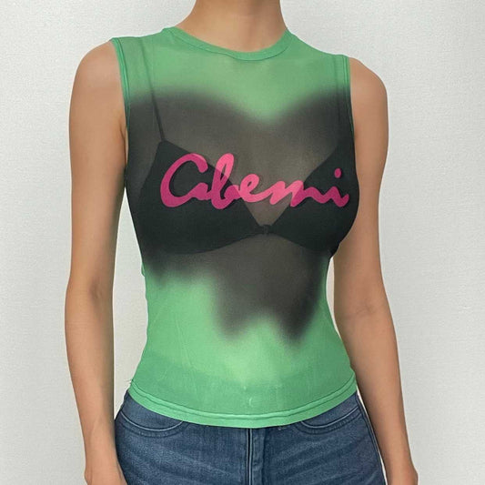 Top senza maniche a contrasto tie-dye in rete trasparente 
