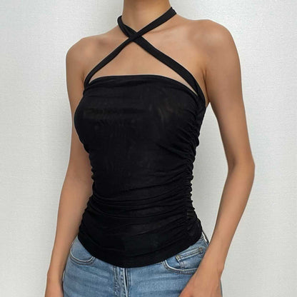 Sheer mesh see through cross front solid halter backless top