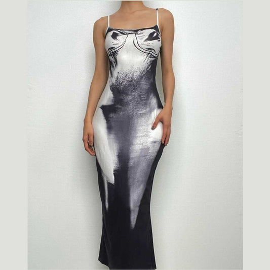Rückenfreies Maxikleid mit Schlitz und eckigem Ausschnitt und Kontrastdruck 