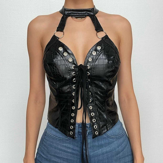 Lace up halter o ring backless PU leather crop top