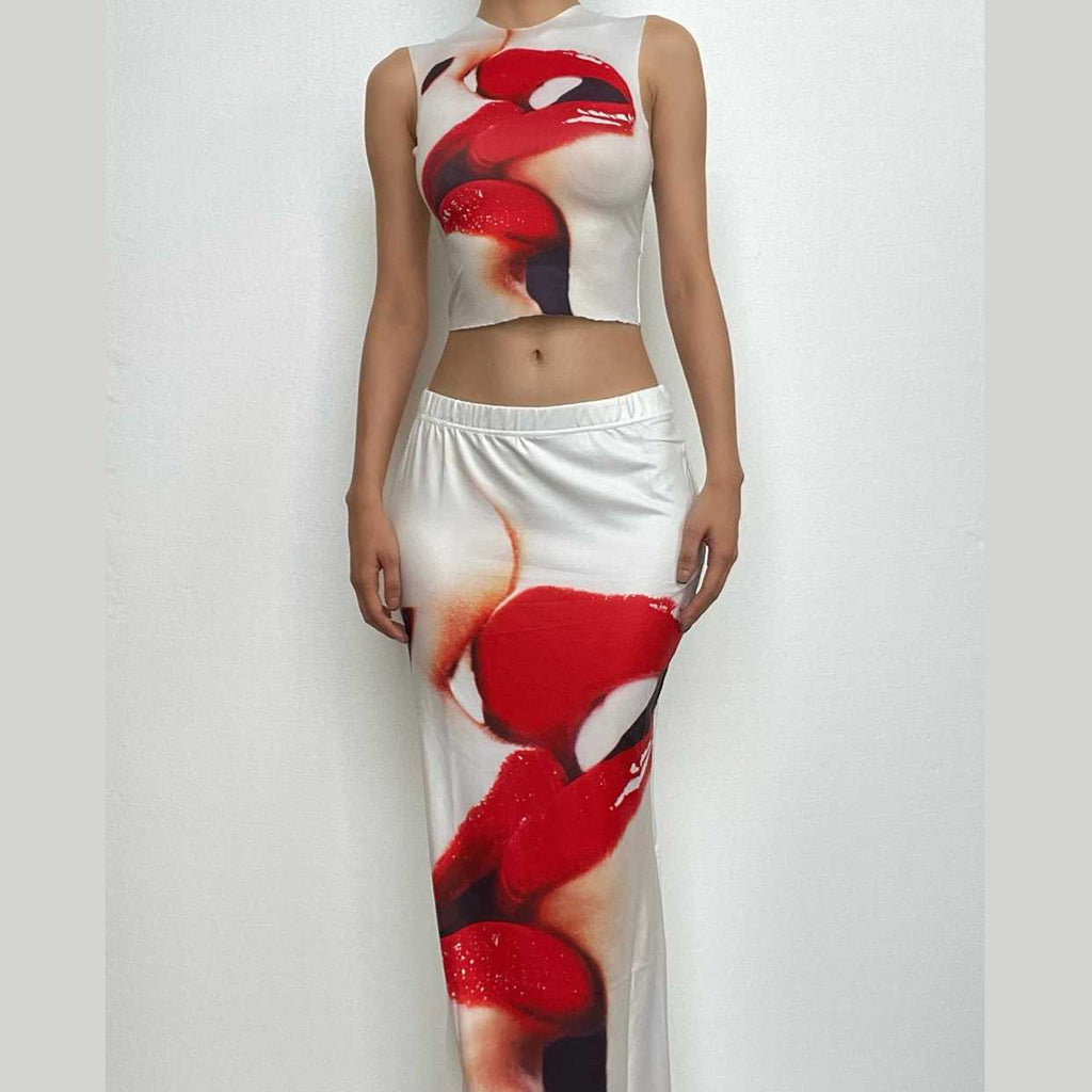 Contrast lip print sleeveless crewneck maxi skirt set