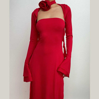 Maxikleid mit Blumenapplikation, Schlitz, ausgestellten Ärmeln und Schleife