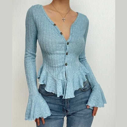 Knitted flared sleeve v neck button ruffle slit top