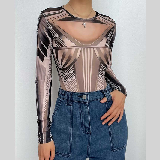 Langärmliger transparenter Netzbody mit abstraktem Print 