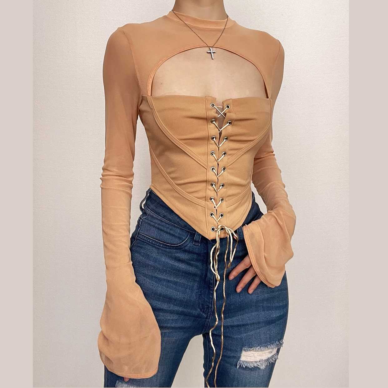 Lace up flared sleeve crewneck corset hollow out backless top