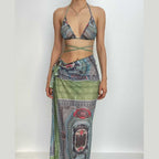 Abstract Print Mesh Halter Contrast Backless Self Tie Pant Set