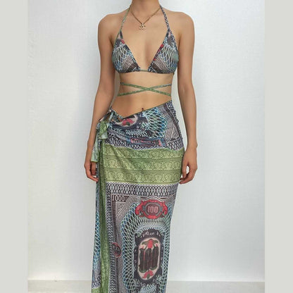 Abstract Print Mesh Halter Contrast Backless Self Tie Pant Set