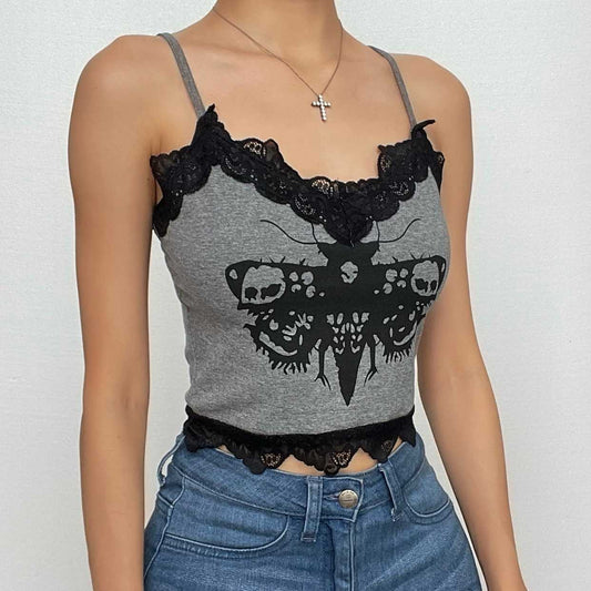 Rückenfreies, kurzes Camisole-Top mit Spitzensaum und abstraktem Muster