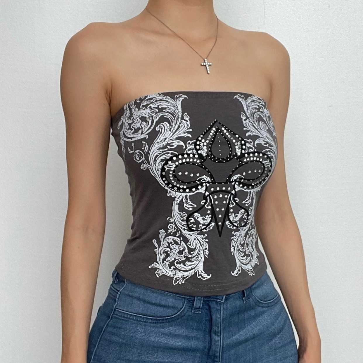Backless contrast beaded abstract tube top