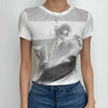Short sleeve crewneck abstract contrast crop top
