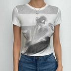 Short sleeve crewneck abstract contrast crop top