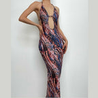 Backless hollow out halter self tie contrast print maxi dress