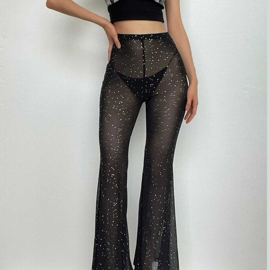 Sheer mesh see through contrast high rise flared pant
