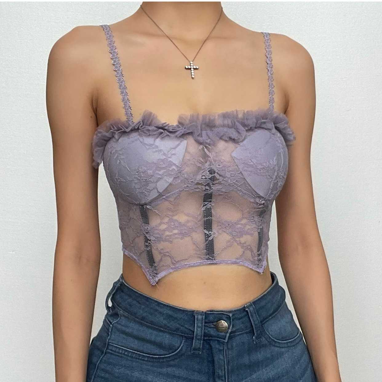 Backless lace bustier ruffle solid cami crop top