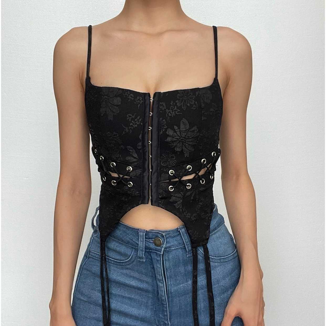 Textured zip-up square neck lace up button backless cami crop top