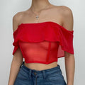 Mesh solid v neck off shoulder backless corset top