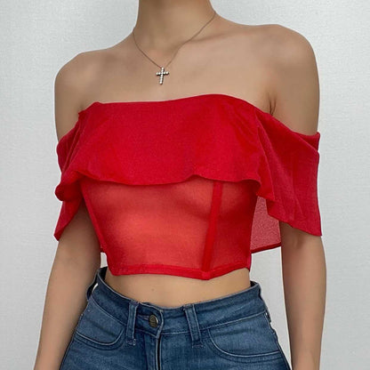 Mesh solid v neck off shoulder backless corset top