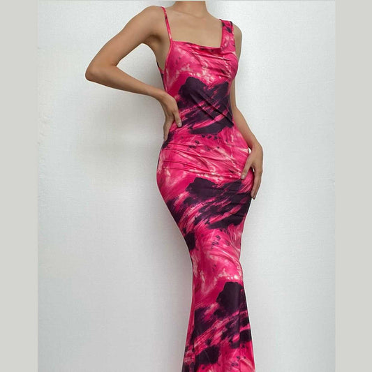 Ärmelloses, rückenfreies Maxikleid mit kontrastierendem, unregelmäßigem Wasserfallausschnitt 