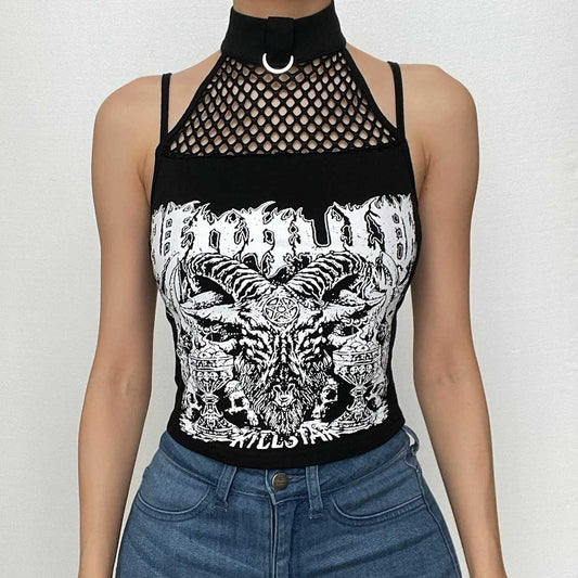 Halter backless abstract button contrast fishnet crop top