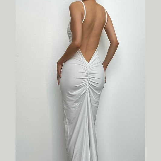 Einfarbiges, gerüschtes, rückenfreies Camisole-Maxikleid mit V-Ausschnitt 
