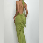 Backless solid ruched self tie halter maxi dress