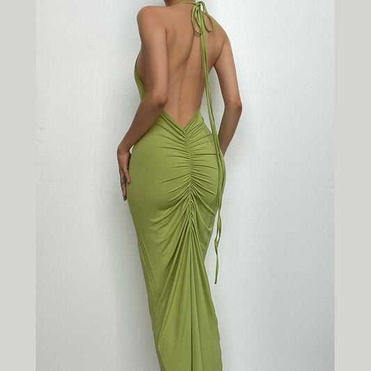 Backless solid ruched self tie halter maxi dress