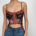 Backless u neck button mesh lace hem flower print cami crop top