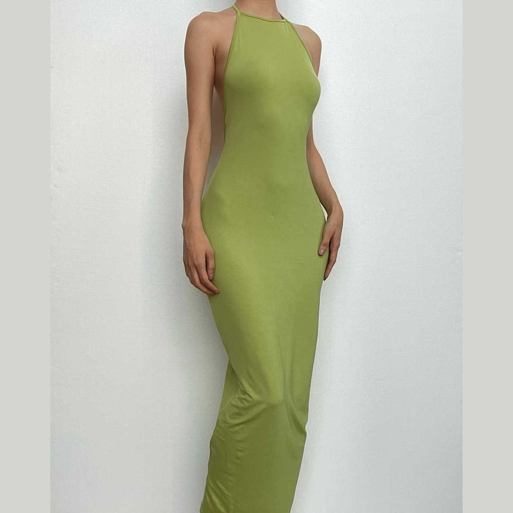 Backless solid ruched self tie halter maxi dress