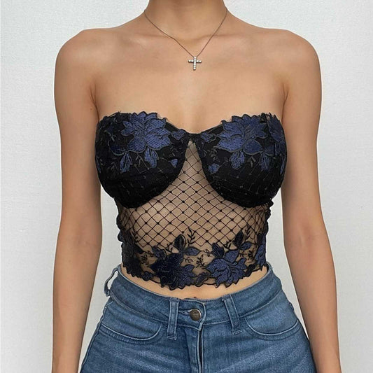 Backless contrast lace embroidery tube crop top