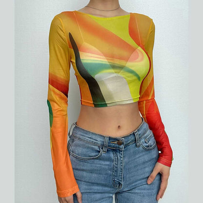 Sheer mesh see through long sleeve round neck contrast crop top