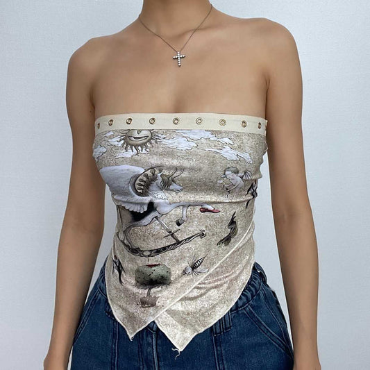 Abstract Print Contrast Self Tie Backless Tube Crop Top