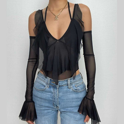 Sheer mesh ruffled v neck cross front long flared sleeve bodysuit