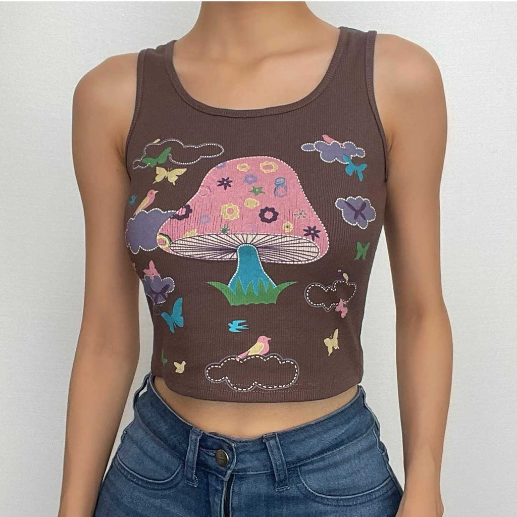 Butterfly pattern u neck contrast sleeveless crop top