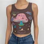 Butterfly pattern u neck contrast sleeveless crop top