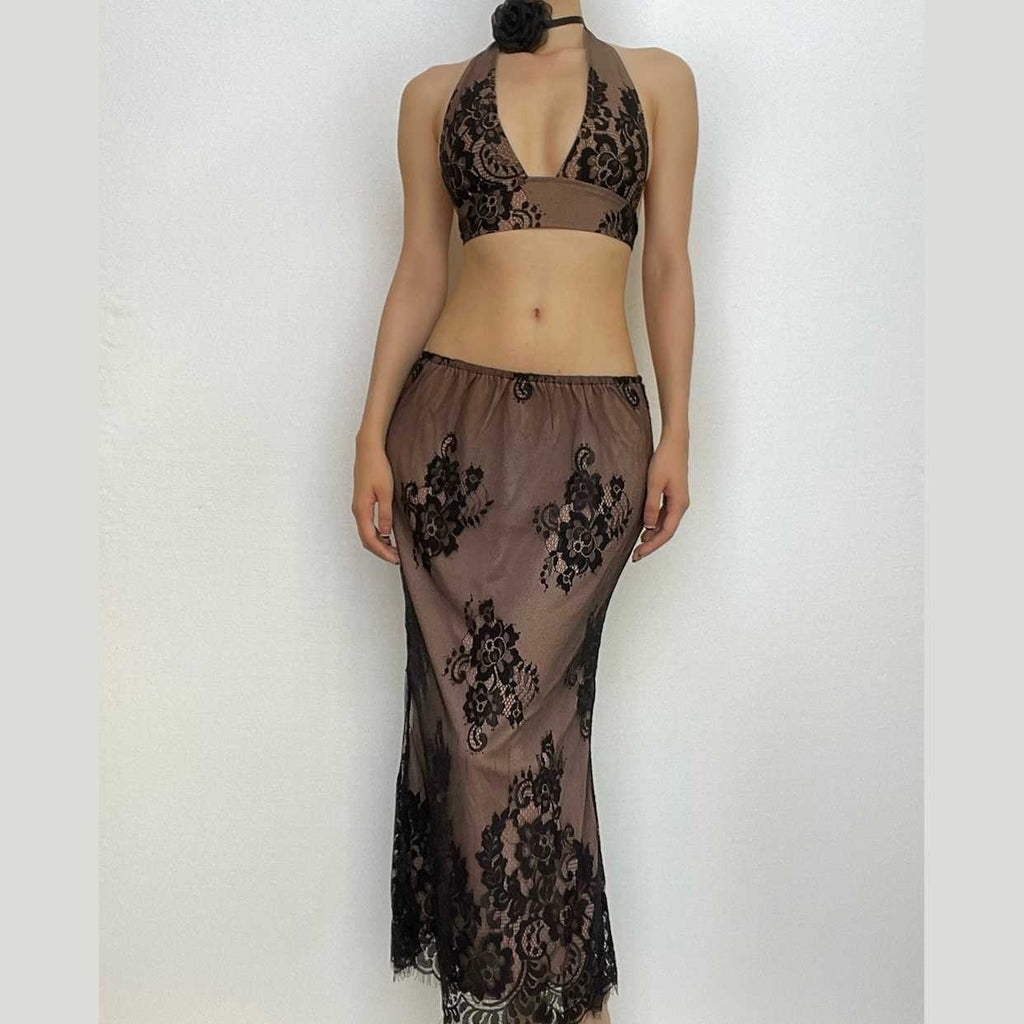 Completo gonna midi con scollo a V e schiena scoperta in pizzo con allacciatura all'americana 
